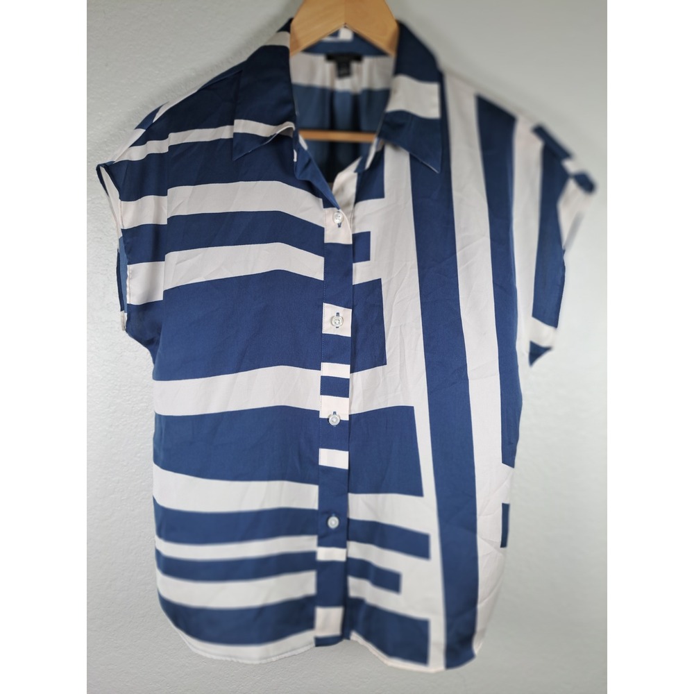 Ann Taylor Factory Navy White Geometric Stripe Button Down Blouse Small